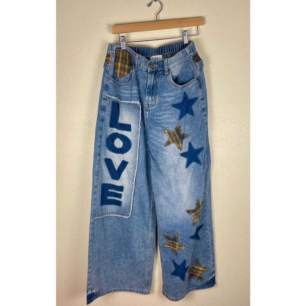 Oli & Hali Love + Stars Buckle Back Wide Leg Baggy Jeans Flare sz L Art-to-Wear - Picture 5 of 15